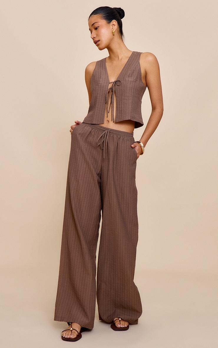 Pretty Little Thing Brown Pinstriped Tie Front Top