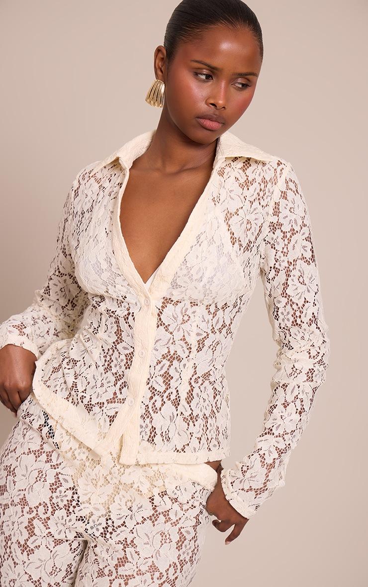 Pretty Little Thing Cream Lace Long Sleeve Shirt