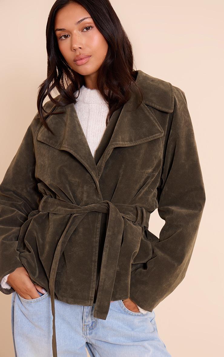 Pretty Little Thing Khaki Faux Suede Belted Jacket