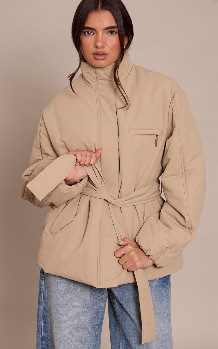 Pretty Little Thing Stone Tie Waist Quilted Coat