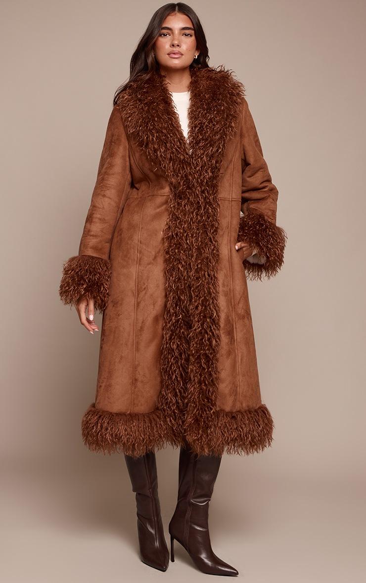 Pretty Little Thing Tan Faux Fur Trim Maxi Coat