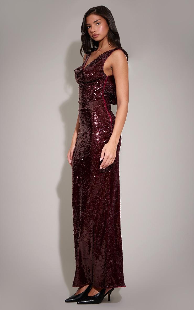 Pretty Little Thing Wine Sequin Cowl Maxi Dress