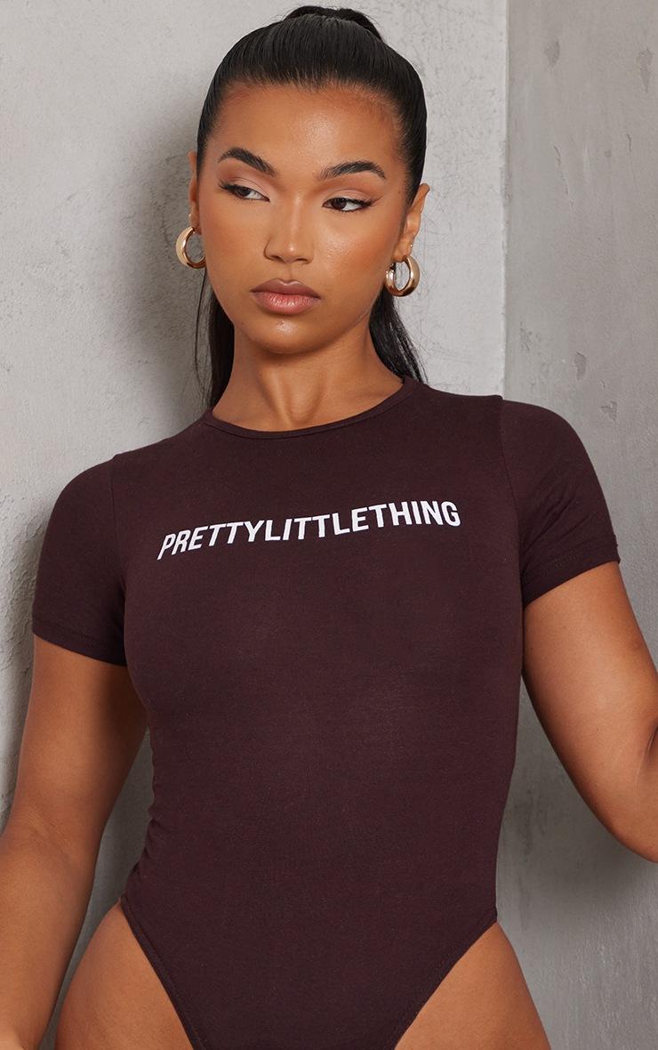 Pretty Little Thing PRETTYLITTLETHING Chocolate Brown Logo Short Sleeved Bodysuit