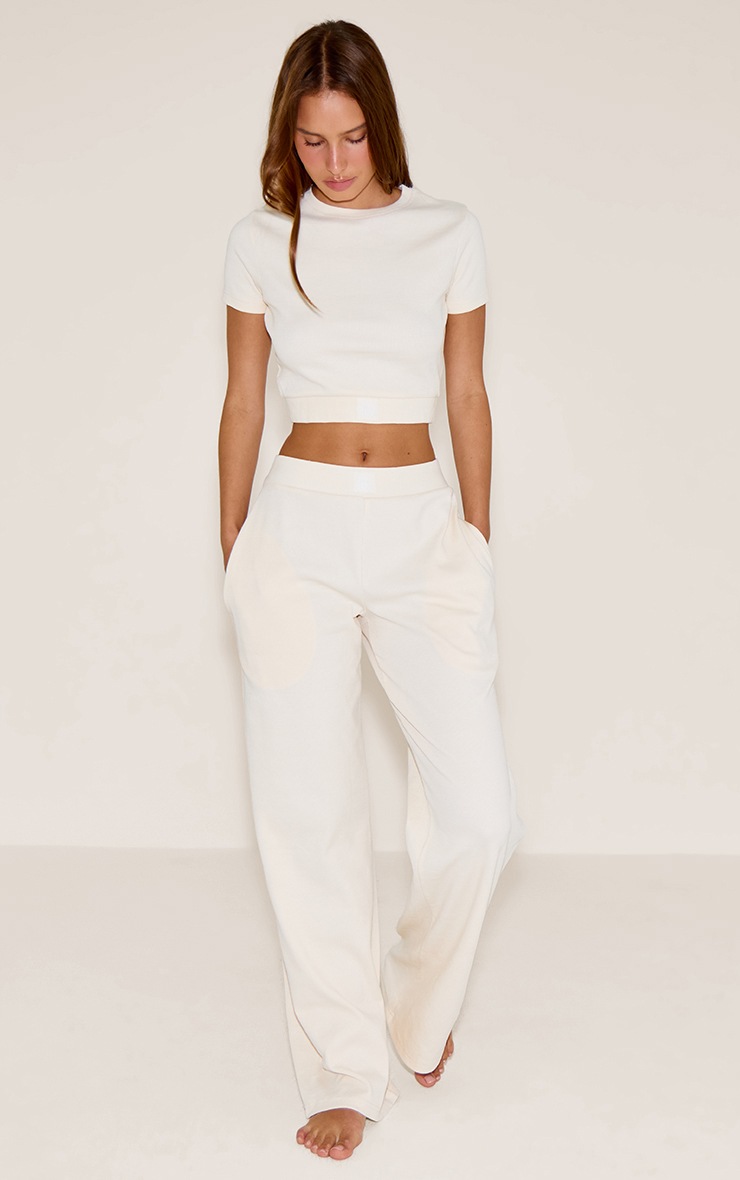 Pretty Little Thing PrettyLittleThing Cream Sleep Rib Tonal Elastic Wide Leg Pants