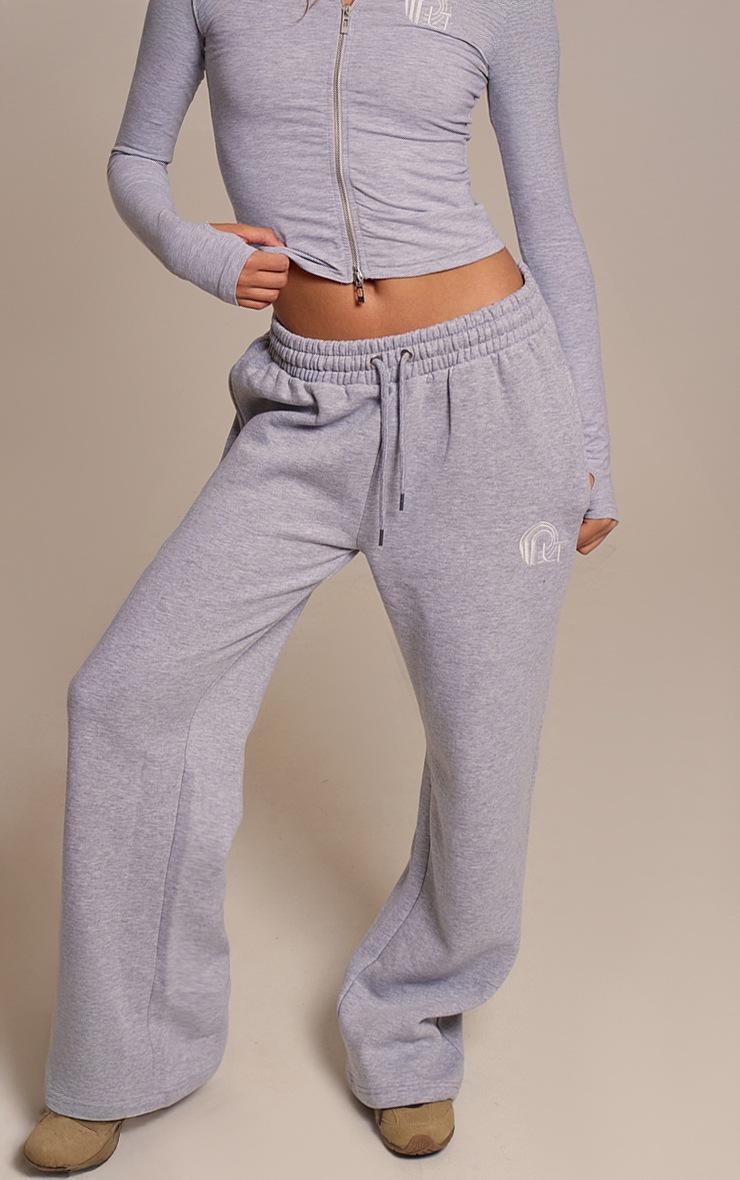 Pretty Little Thing PRETTYLITTLETHING Grey Marl Embroidered Graphic Wide Leg Sweatpants