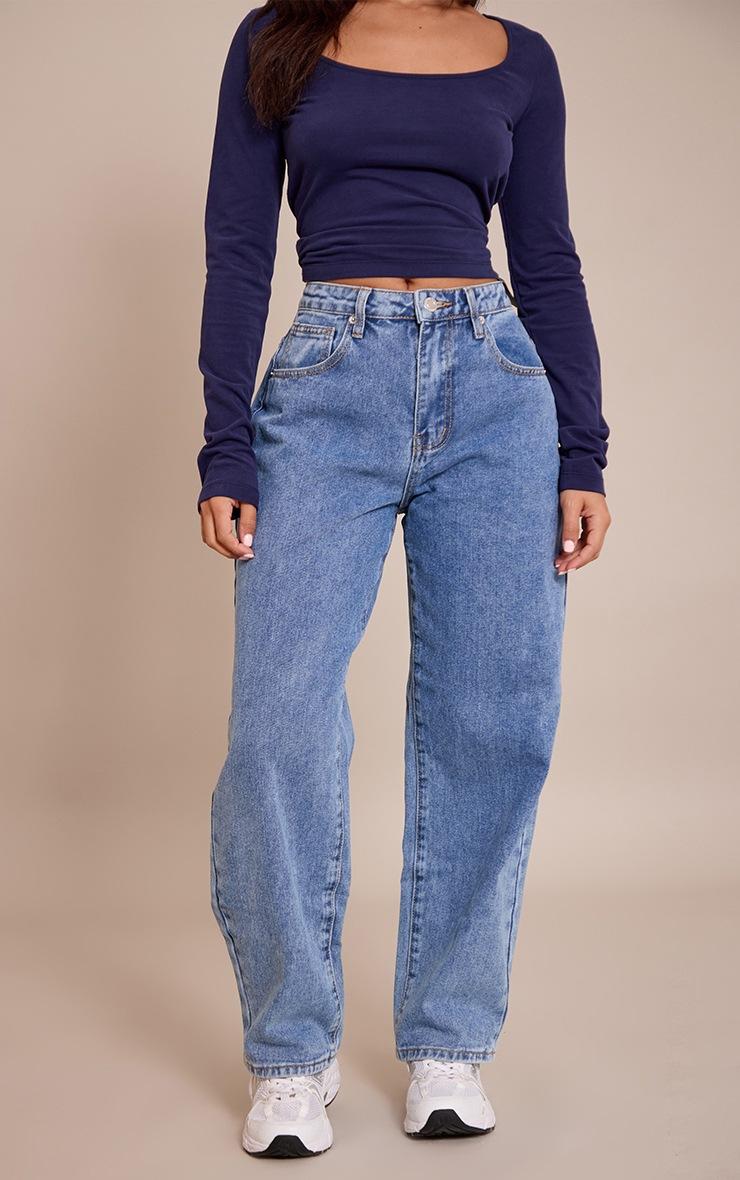 Pretty Little Thing PRETTYLITTLETHING Petite Mid Blue Wash High Waist Boyfriend Jeans