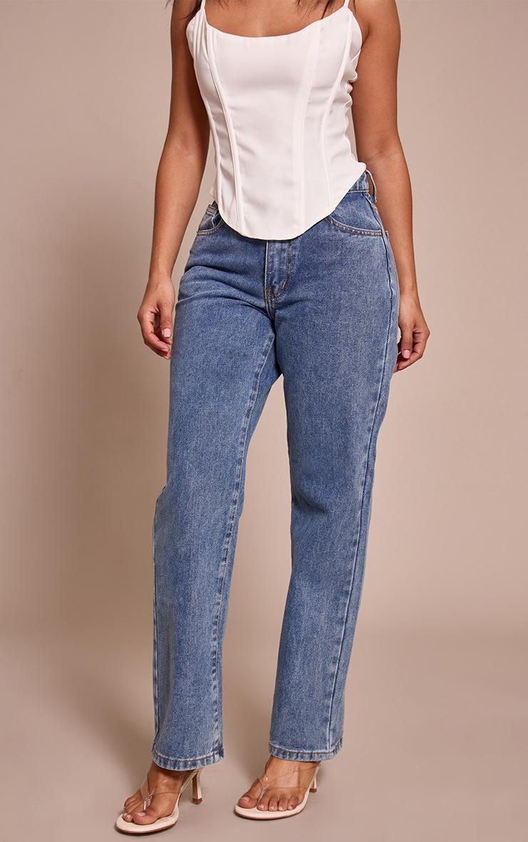 Pretty Little Thing PRETTYLITTLETHING Petite Mid Blue Wash Straight Leg High Waist Jeans