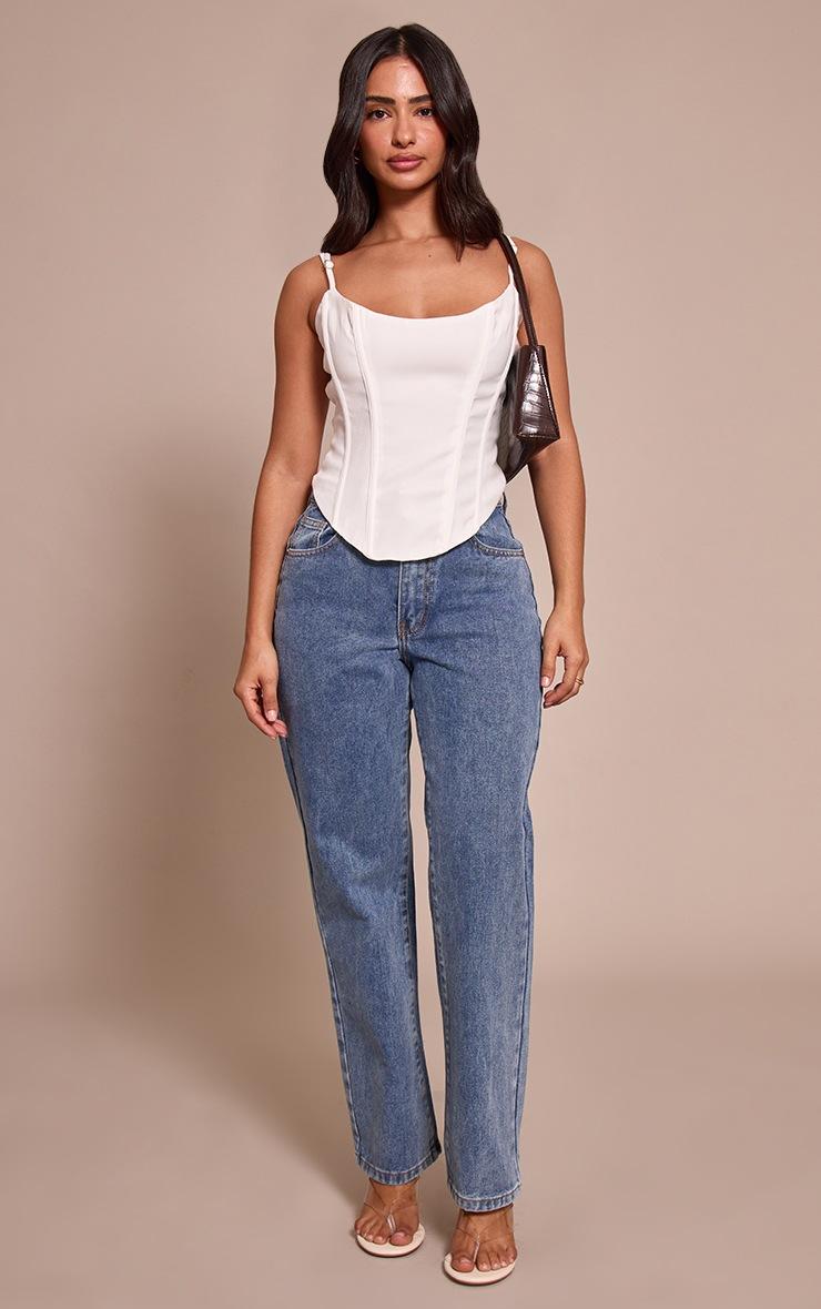 Pretty Little Thing PRETTYLITTLETHING Petite Mid Blue Wash Straight Leg High Waist Jeans