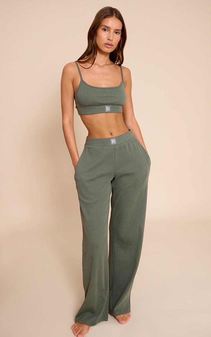 Pretty Little Thing PrettyLittleThing Sage Green Sleep Rib Tonal Elastic Wide Leg Pants