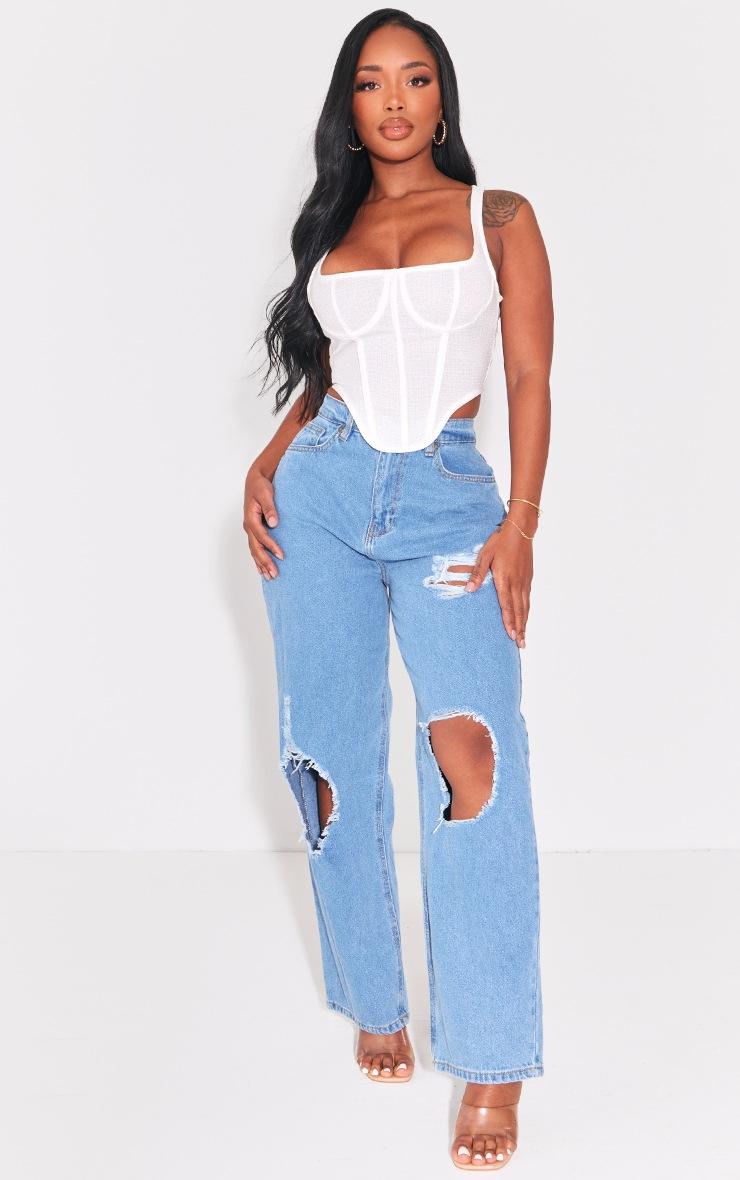 Pretty Little Thing PRETTYLITTLETHING Shape Light Blue High Waist Ripped Wide Leg Jeans
