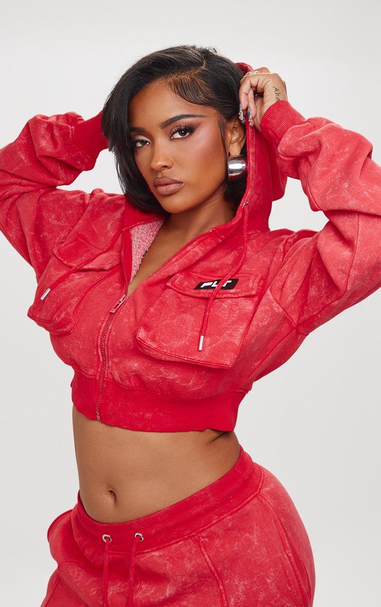 Pretty Little Thing PRETTYLITTLETHING Shape Washed Red Shape Cargo Cropped Hoodie