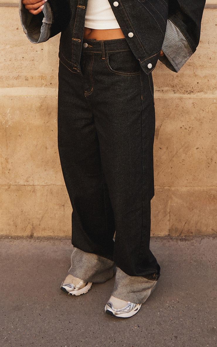 Pretty Little Thing Raw Indigo Wash Contrast Stitch Turn Up Hem Wide Leg Jeans