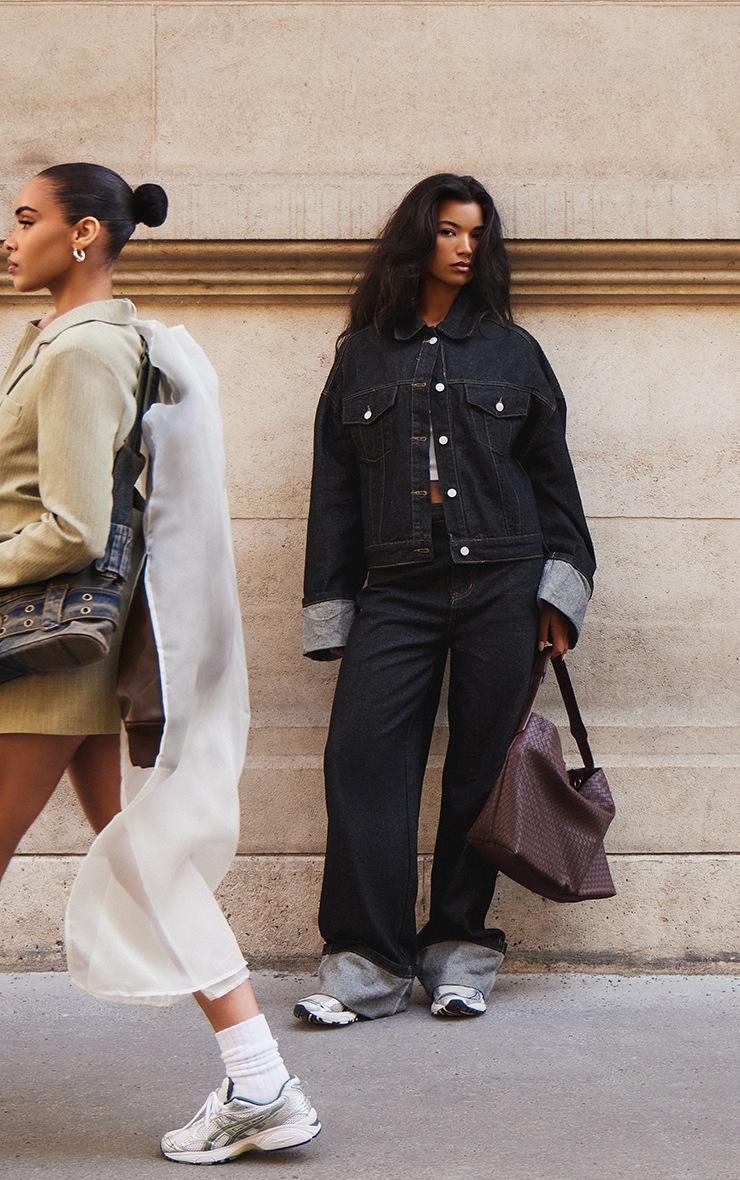 Pretty Little Thing Raw Indigo Wash Contrast Stitch Turn Up Hem Wide Leg Jeans