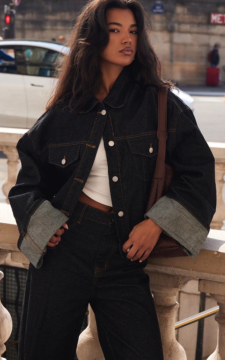 Pretty Little Thing Raw Indigo Wash Turn Up Cuff Contrast Stitch Denim Jacket