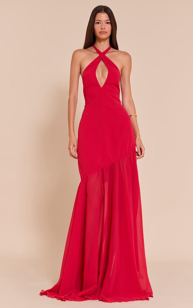 Pretty Little Thing Red Chiffon Halterneck Dropped Waist Maxi Dress