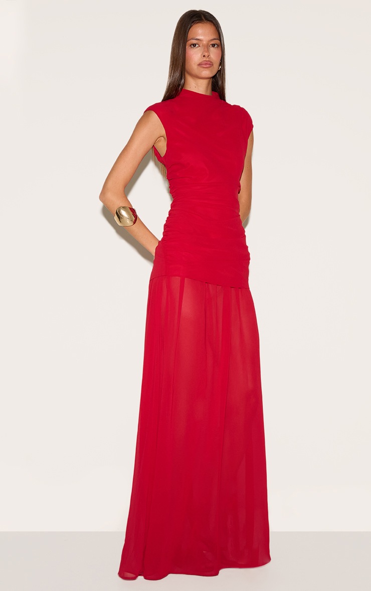 Pretty Little Thing Red Chiffon Ruched Dropped Waist Sleeveless Maxi Dress