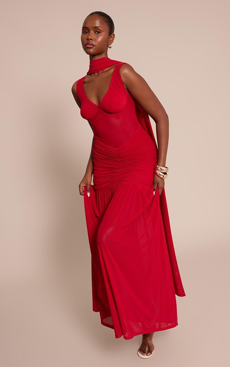 Pretty Little Thing Red Mesh Scarf Detail Maxi Dress