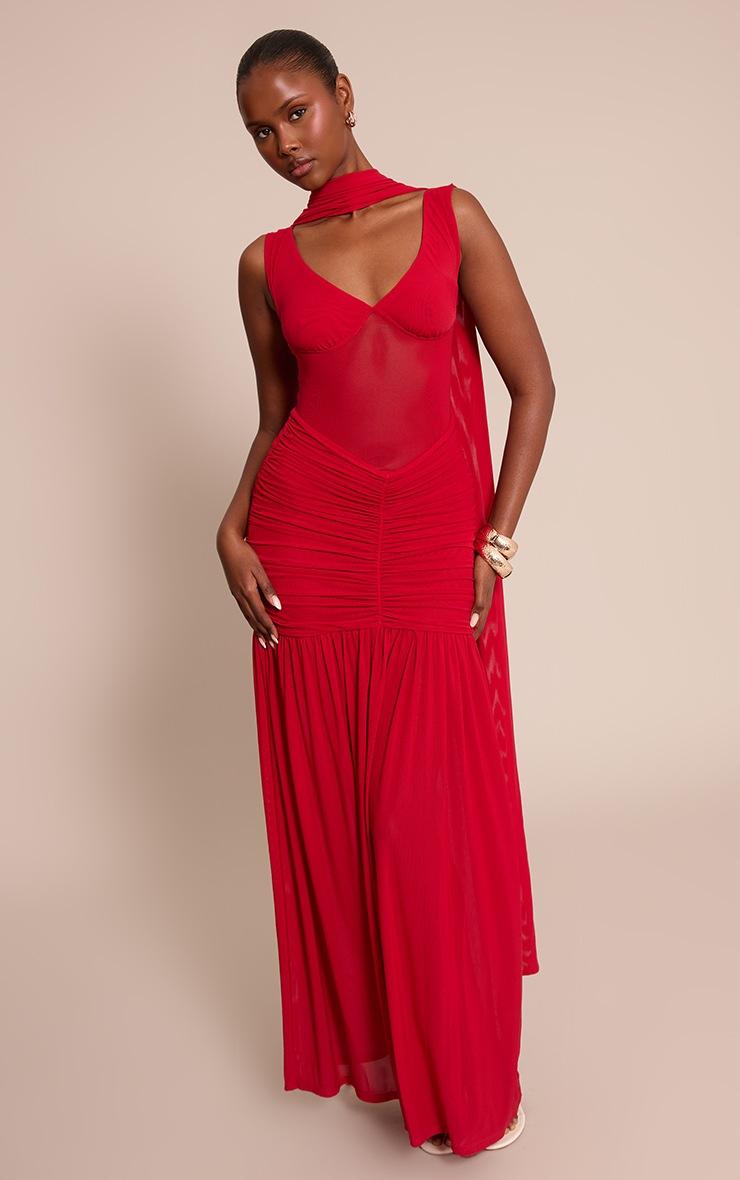 Pretty Little Thing Red Mesh Scarf Detail Maxi Dress