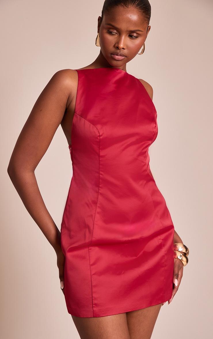 Pretty Little Thing Red Satin Boat Neck Bodycon Mini Dress