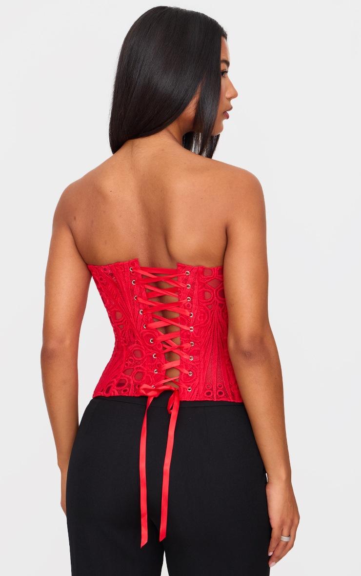 Pretty Little Thing Red Textured Sheer Floral Lace Corset