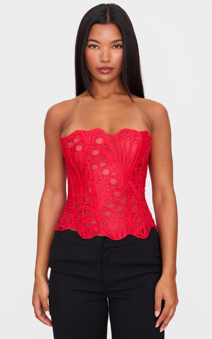 Pretty Little Thing Red Textured Sheer Floral Lace Corset