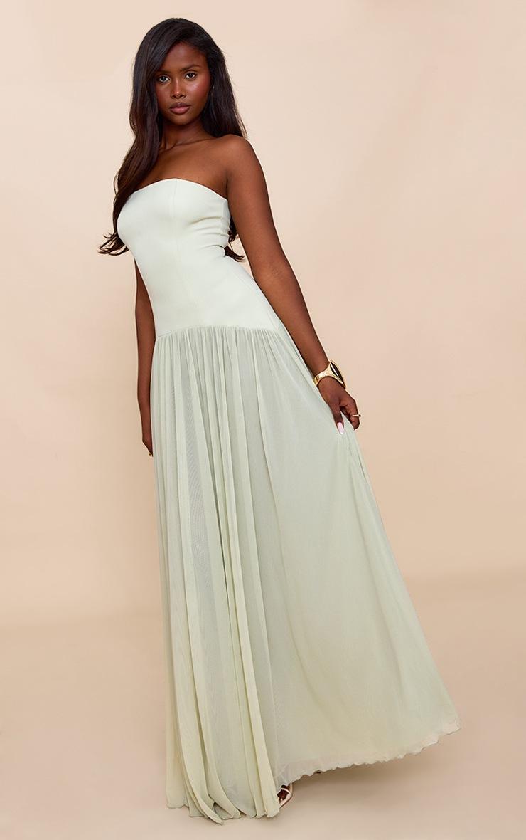 Pretty Little Thing Sage Bandeau Chiffon Pleated Maxi Dress