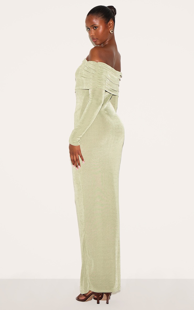 Pretty Little Thing Sage Green Acetate Slinky Bardot Long Sleeve Maxi Dress