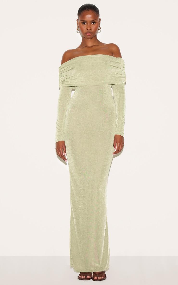 Pretty Little Thing Sage Green Acetate Slinky Bardot Long Sleeve Maxi Dress