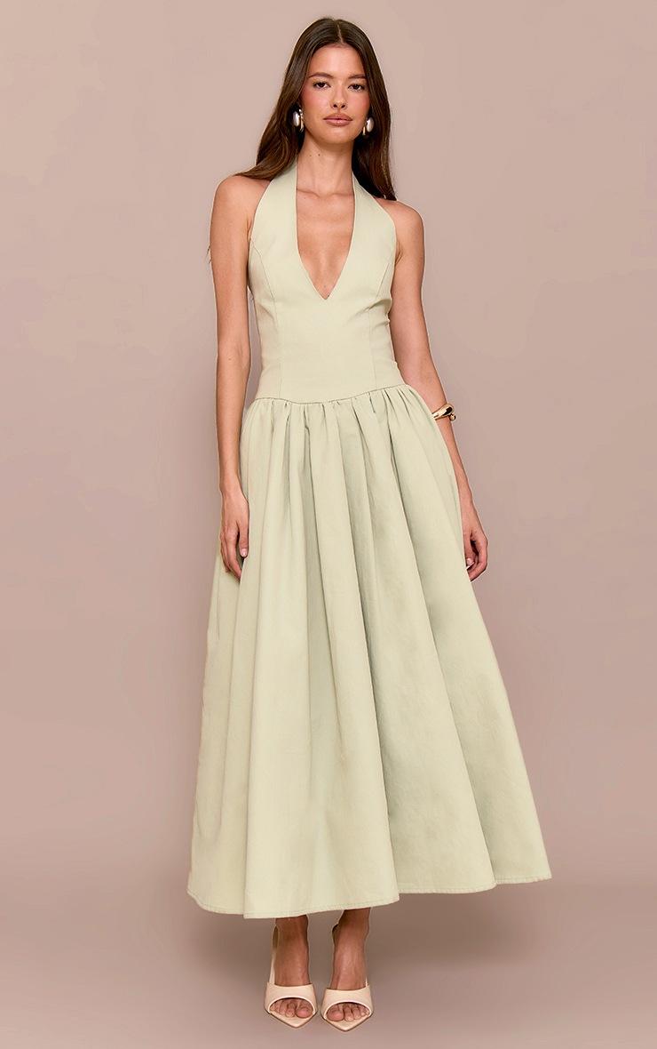 Pretty Little Thing Sage Green Halterneck Tie Detail Ruched Midaxi Dress