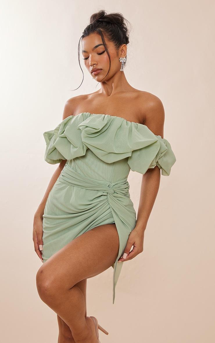 Pretty Little Thing Sage Green Mesh Puff Detail Corset Bodycon Dress