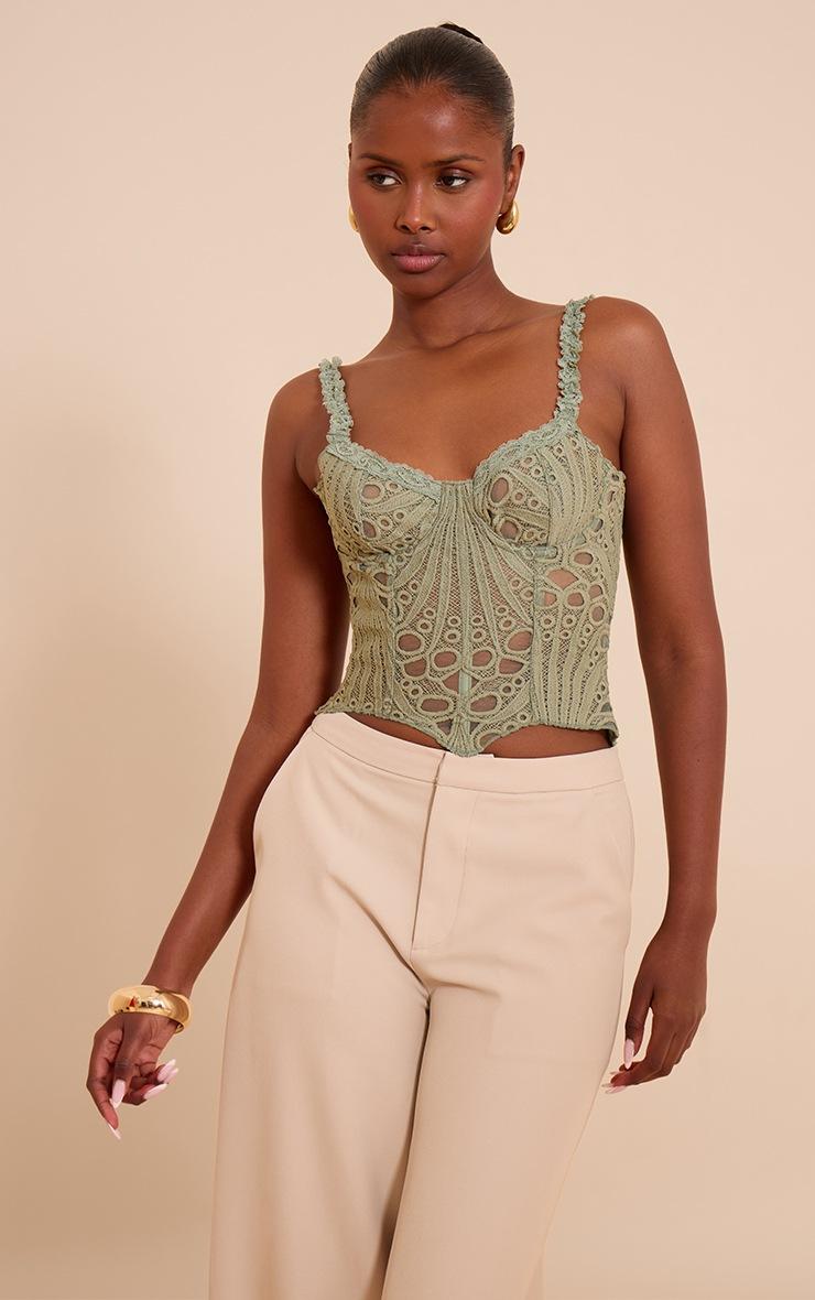 Pretty Little Thing Sage Green Strappy Textured Sheer Floral Lace Corset