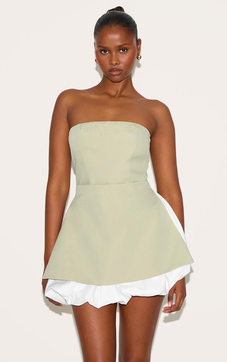 Pretty Little Thing Sage Green Tailored Bandeau Puffball Hem Shift Dress