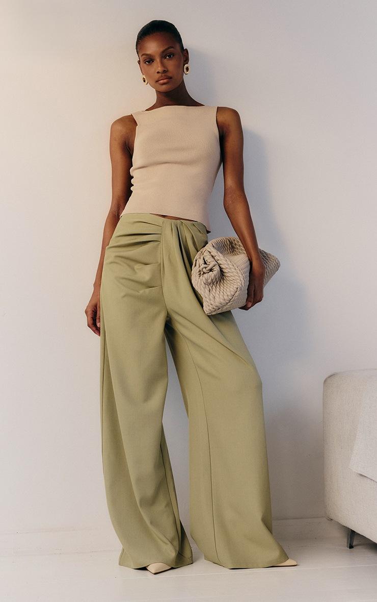Pretty Little Thing Sage Green Tailored Woven Pleat Detail Wide Leg Pants
