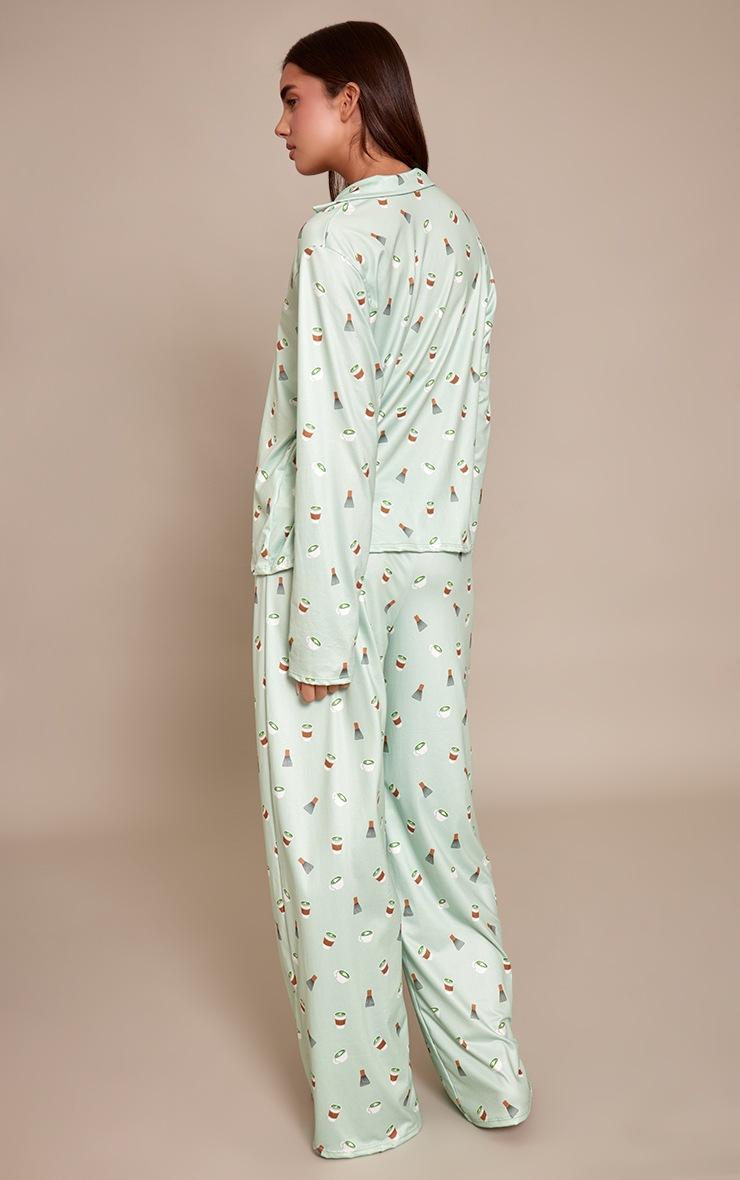 Pretty Little Thing Sage Matcha Print Long Sleeve Button Through Pj Set