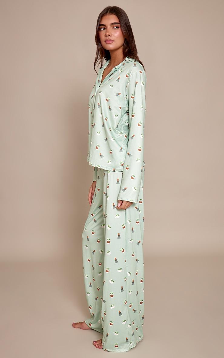 Pretty Little Thing Sage Matcha Print Long Sleeve Button Through Pj Set
