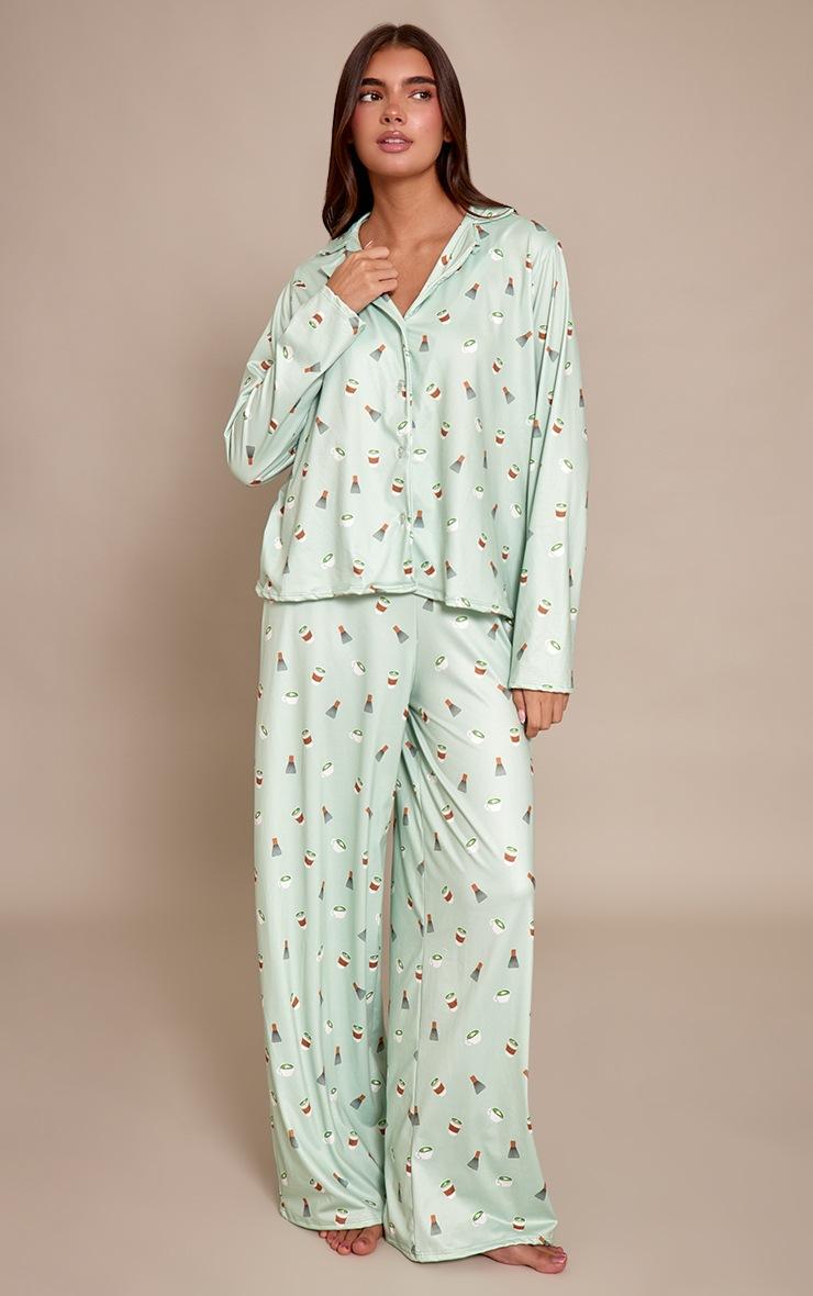 Pretty Little Thing Sage Matcha Print Long Sleeve Button Through Pj Set