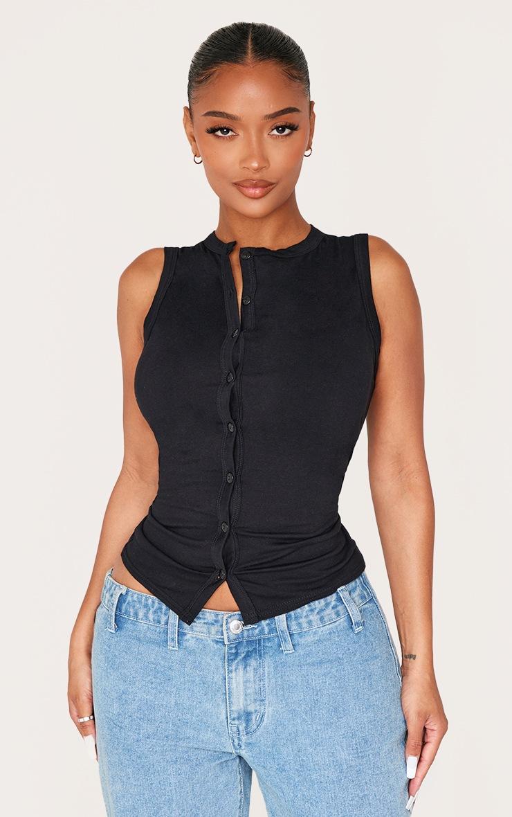 Pretty Little Thing Shape Black Asymmetric Button Front Sleeveless Top Pretty Little Thing Shape Black Asymmetric Button Front Sleeveless Top