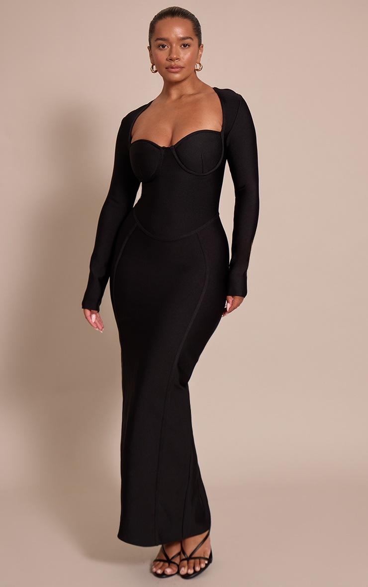 Pretty Little Thing Shape Black Bandage Long Sleeve Corset Maxi Dress