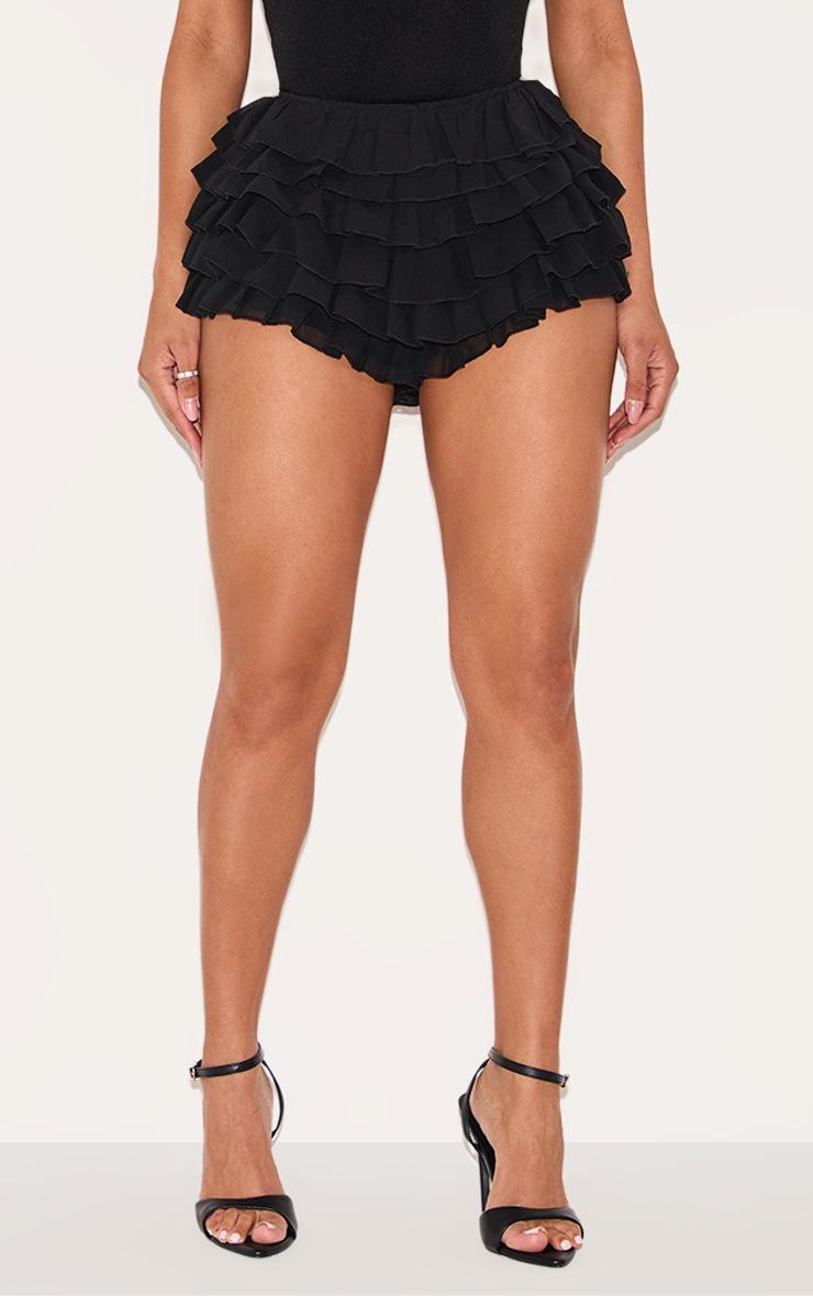 Pretty Little Thing Shape Black Chiffon Ruffle Low Rise Hot Pants