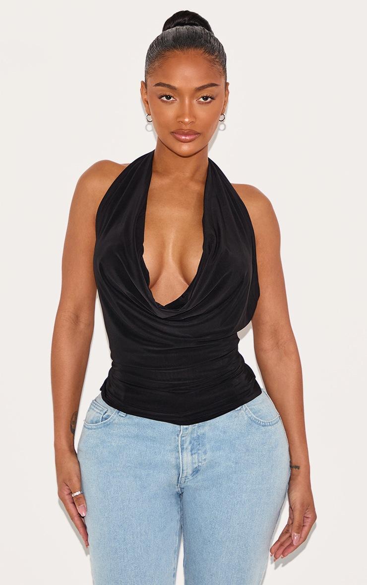 Pretty Little Thing Shape Black Halter Cowl Neck Long Line Open Back Top