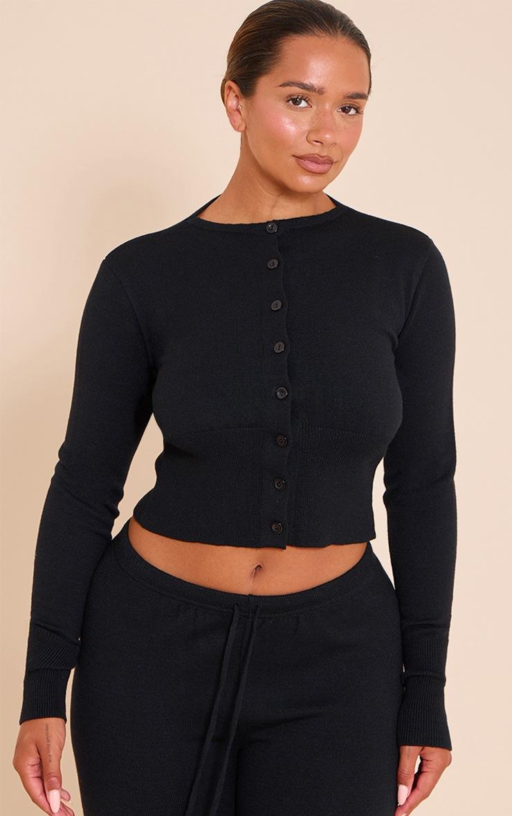 Pretty Little Thing Shape BLACK Knitted Button Front Wide Rib Cardigan