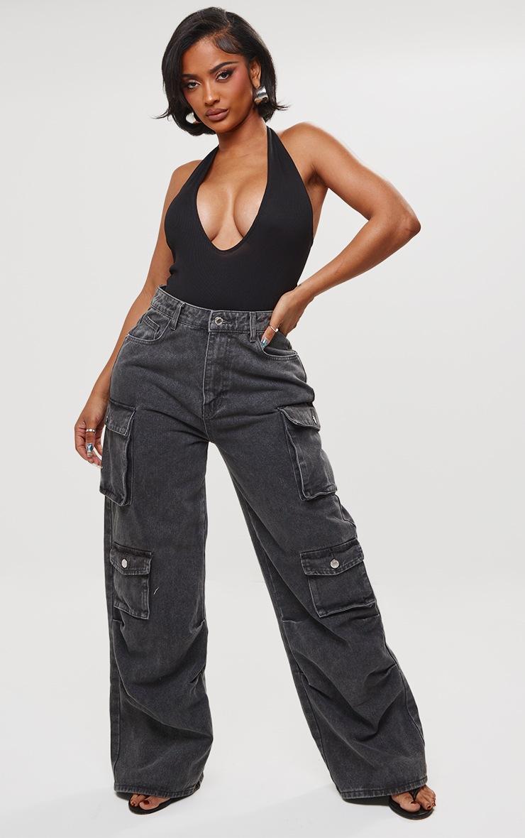 Pretty Little Thing Shape Black Ribbed Halterneck Plunge Bodysuit