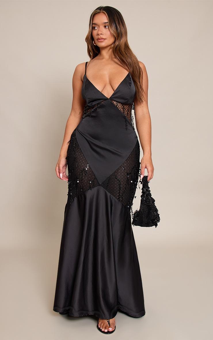 Pretty Little Thing Shape Black Satin Diamond Cut Sequin Insert Maxi Dress