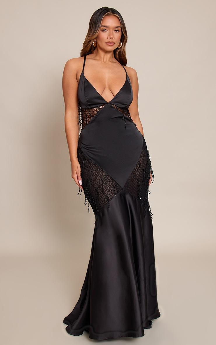 Pretty Little Thing Shape Black Satin Diamond Cut Sequin Insert Maxi Dress