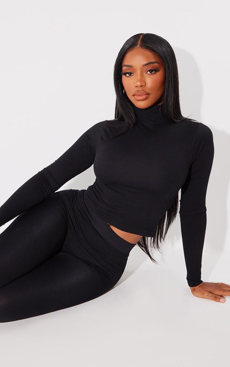 Pretty Little Thing Shape Black Sculpted High Neck Long Sleeve Top