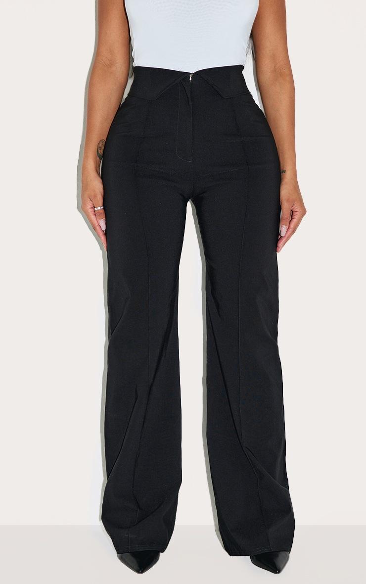 Pretty Little Thing Shape Black Stretch Woven Fold Over Waistband Wide Leg Pants