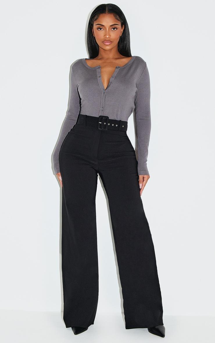 Pretty Little Thing Shape Black Stretch Woven High Waisted Belted Wide Leg Pants