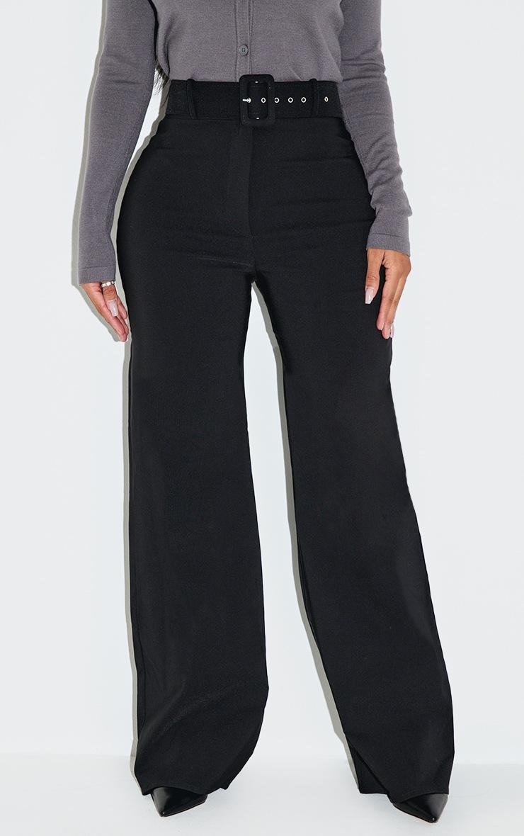 Pretty Little Thing Shape Black Stretch Woven High Waisted Belted Wide Leg Pants