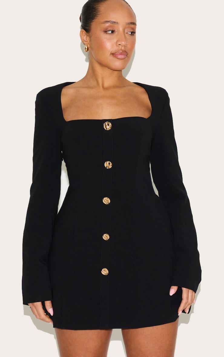Pretty Little Thing Shape Black Tailored Square Neck Hammered Button Mini Dress