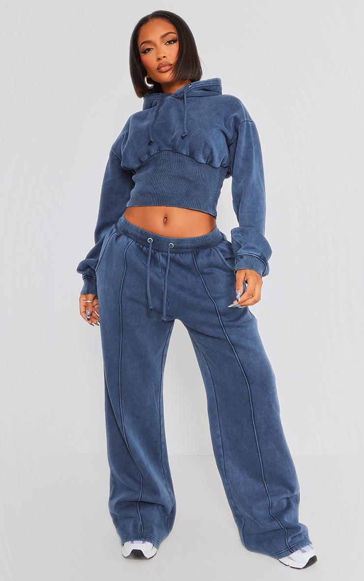 Pretty Little Thing Shape Blue Sweat Cropped Shirred Waist Hoodie